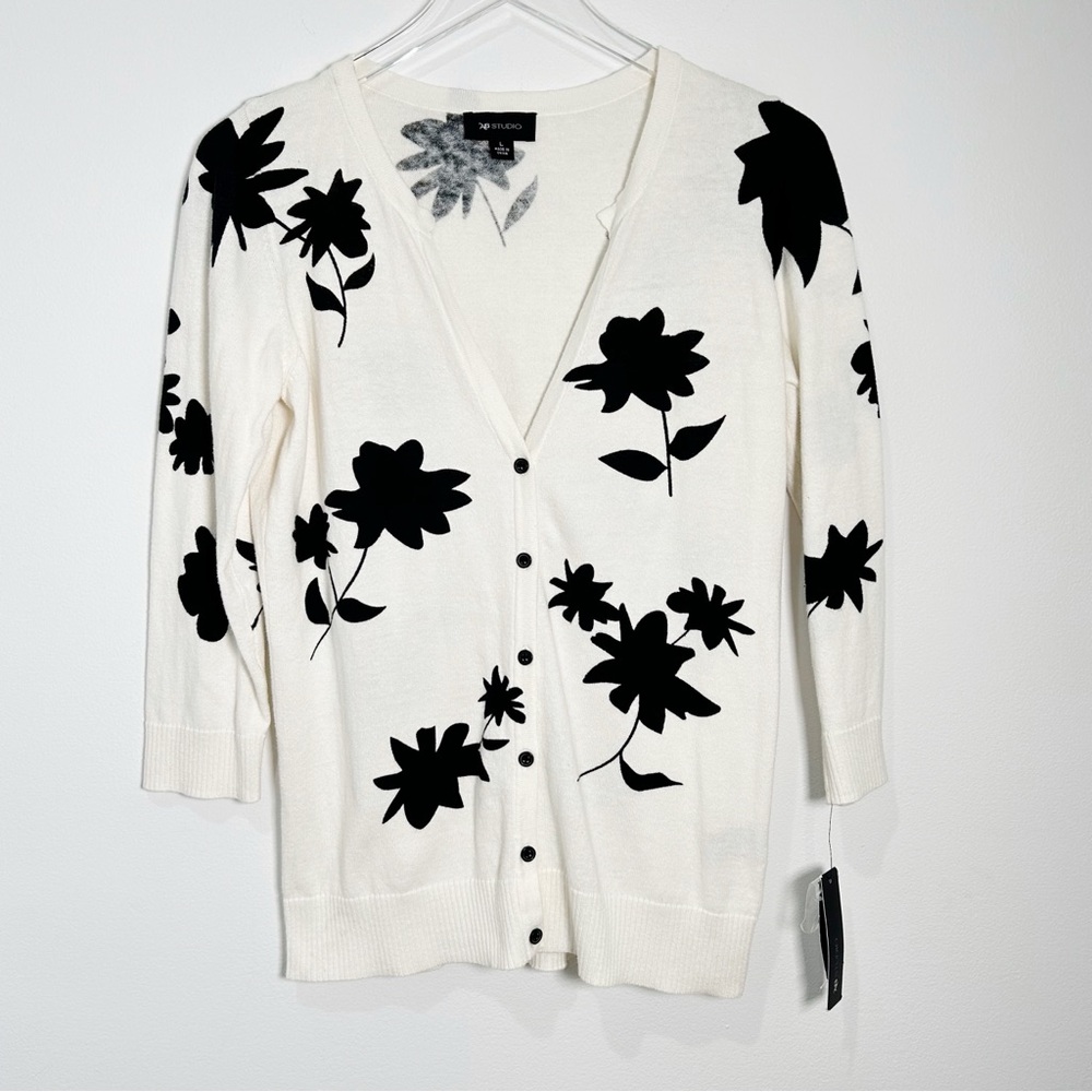 AB Studio Floral Bold Black Cream Cardigan Button Front 3/4 Sleeve NEW